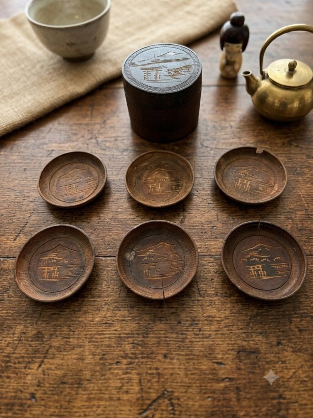 Vintage Japanese Hand-Carved Teak Wood Coaster Set 6 w/ Lidded Canister MCM